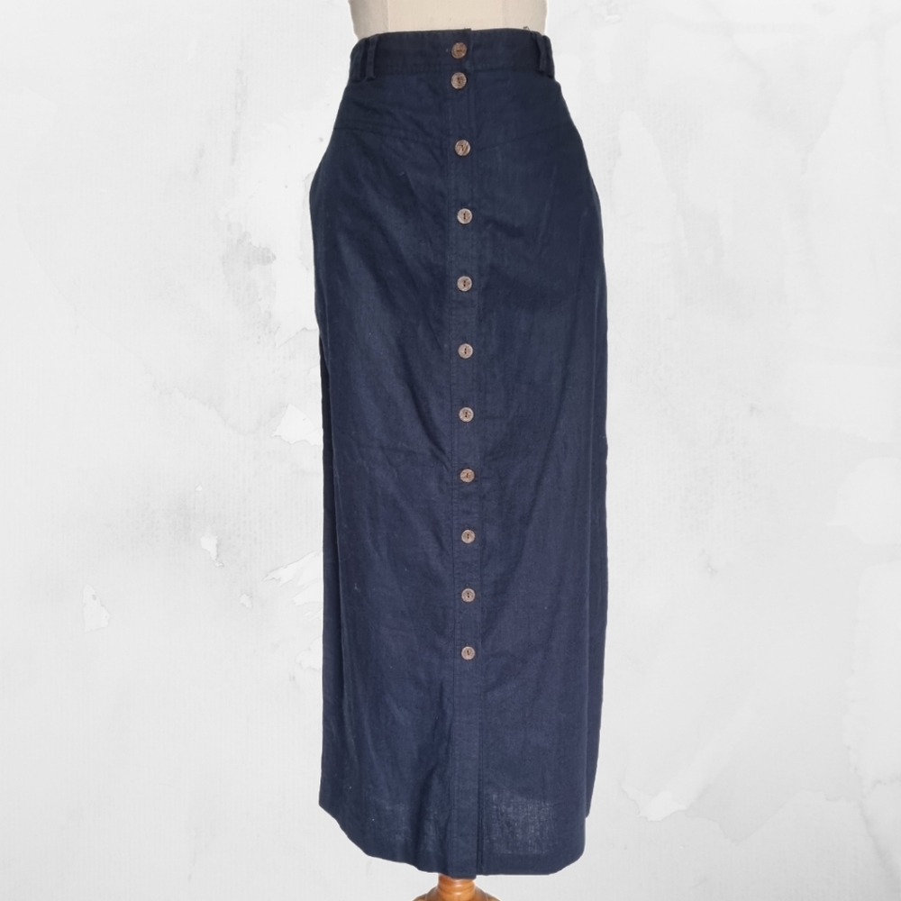 Katies Navy Blue Linen Blend Button Down Midi Skirt Vintage 90s Size 16 - Picture 1 of 9
